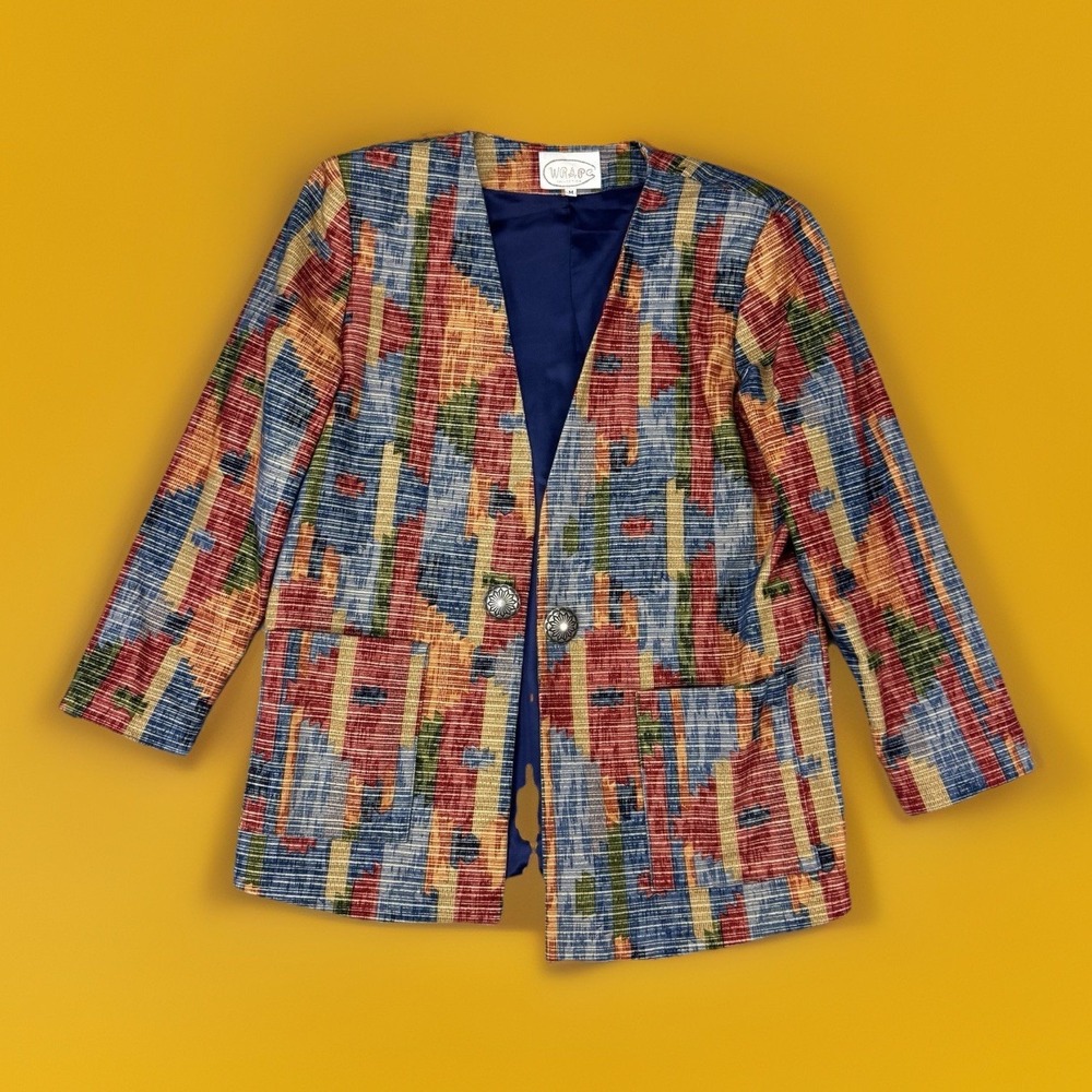 Vtg‎ 90s Boho Artsy Abstract Blazer Jacket Cotton Statement Women's Medium Aztec